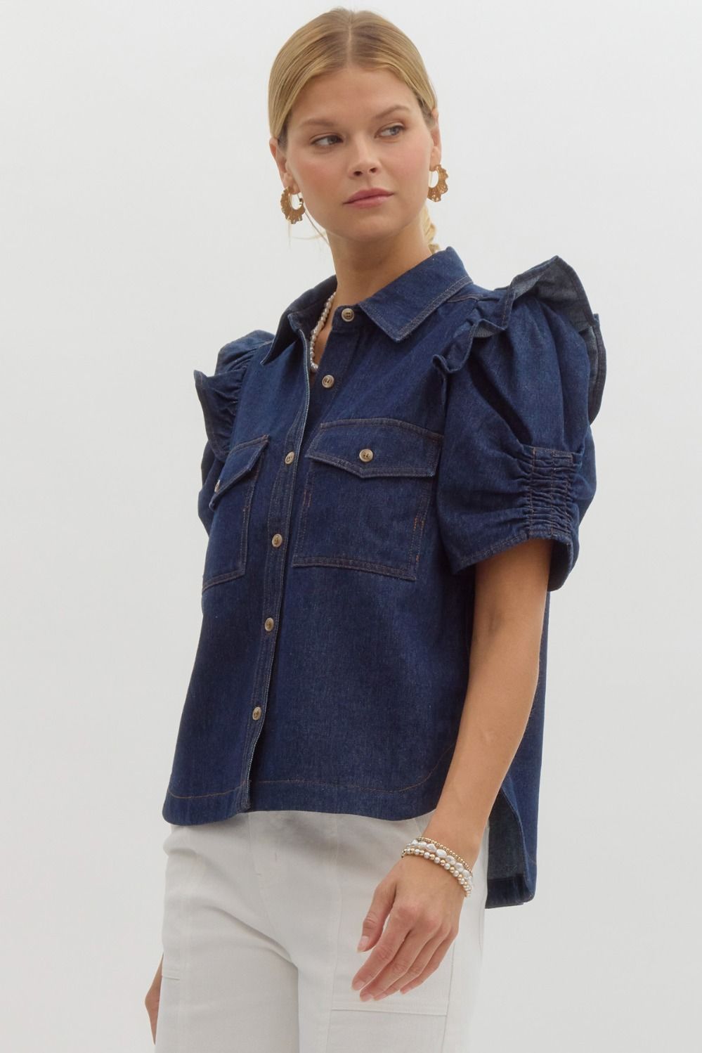 Ruched Puff Denim Top