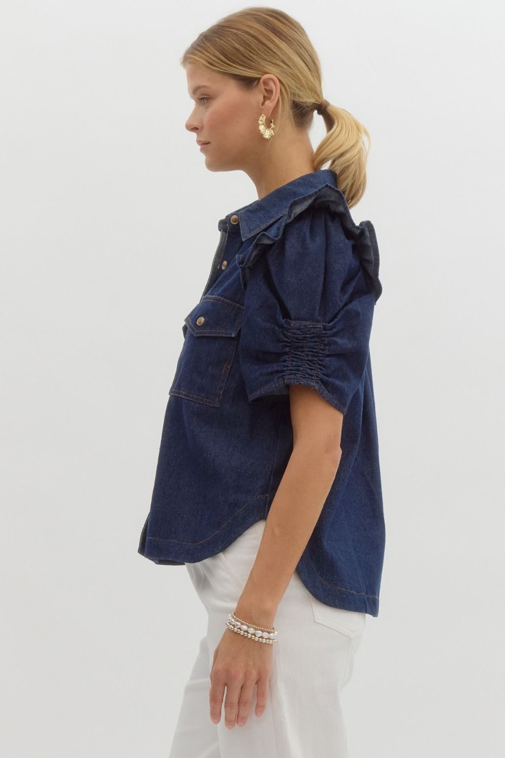 Ruched Puff Denim Top