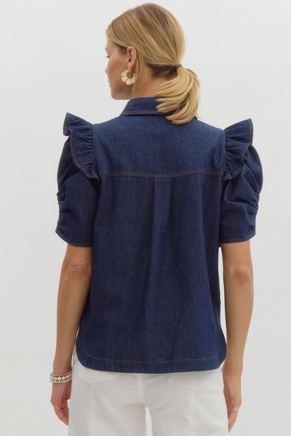 Ruched Puff Denim Top