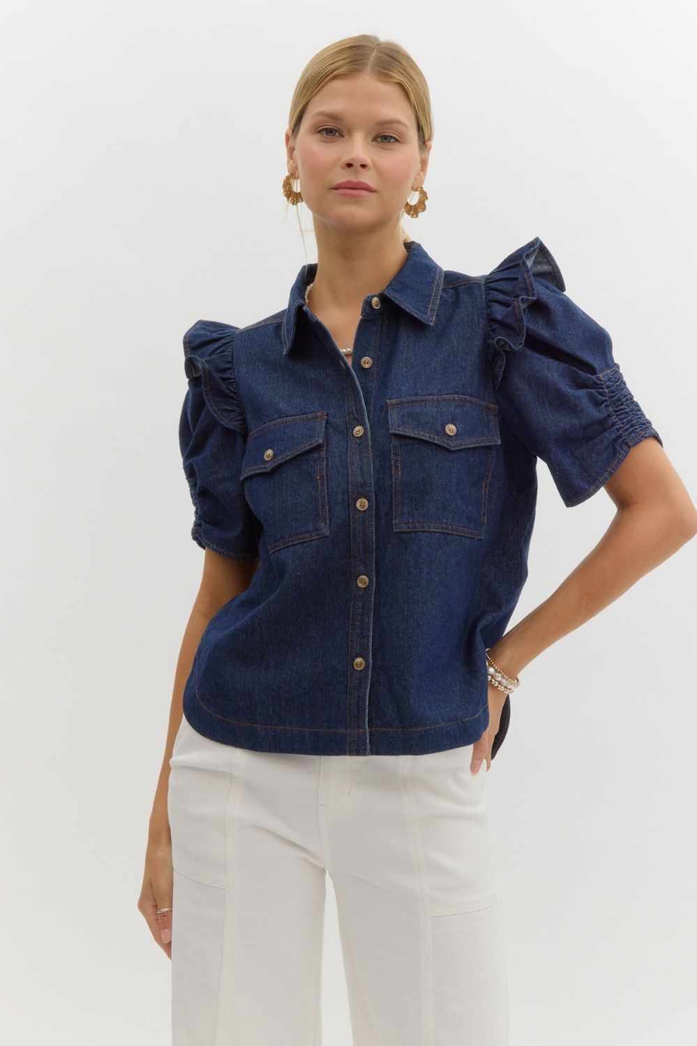 Ruched Puff Denim Top