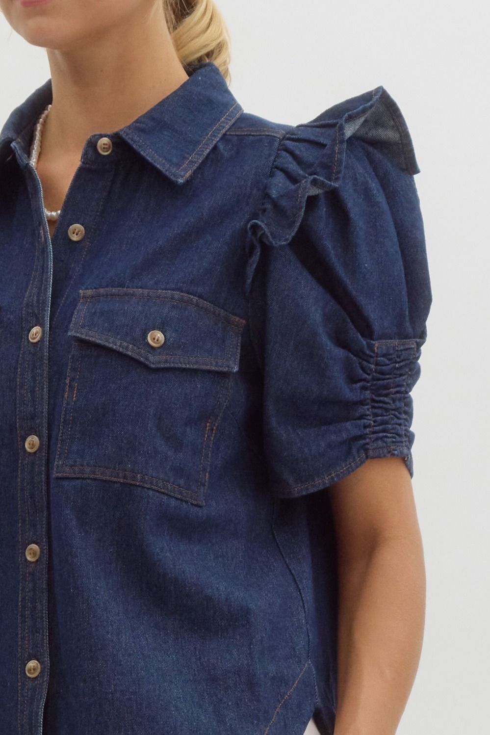 Ruched Puff Denim Top