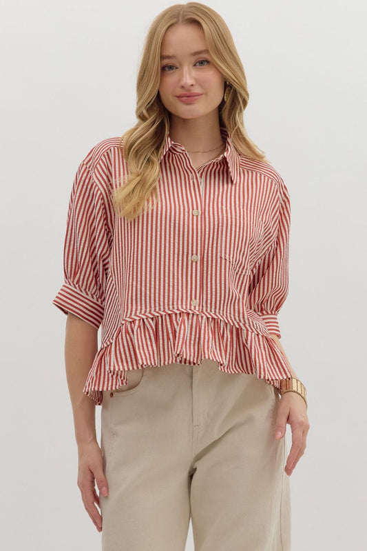 Stripe Pattern Ruffle Hem Top in Brick