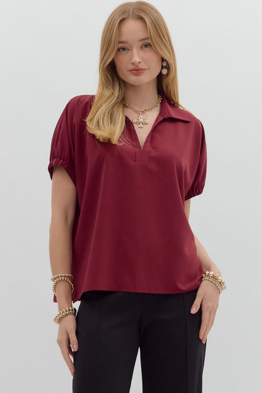Split Collar Top in Burgundy