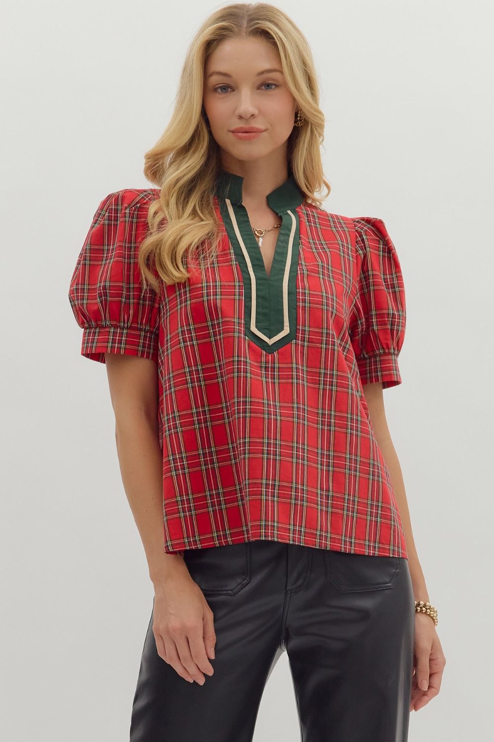 Plaid Red Puff Sleeve Top