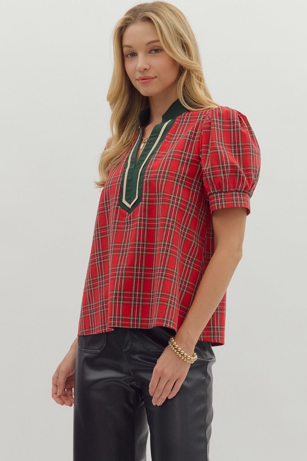 Plaid Red Puff Sleeve Top