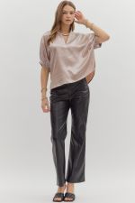Metallic V-neck Band Collar Short Dolman Sleeve Top