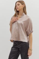 Metallic V-neck Band Collar Short Dolman Sleeve Top