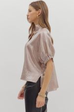 Metallic V-neck Band Collar Short Dolman Sleeve Top