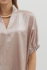 Metallic V-neck Band Collar Short Dolman Sleeve Top