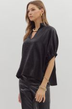 Metallic V-neck Band Collar Short Dolman Sleeve Top
