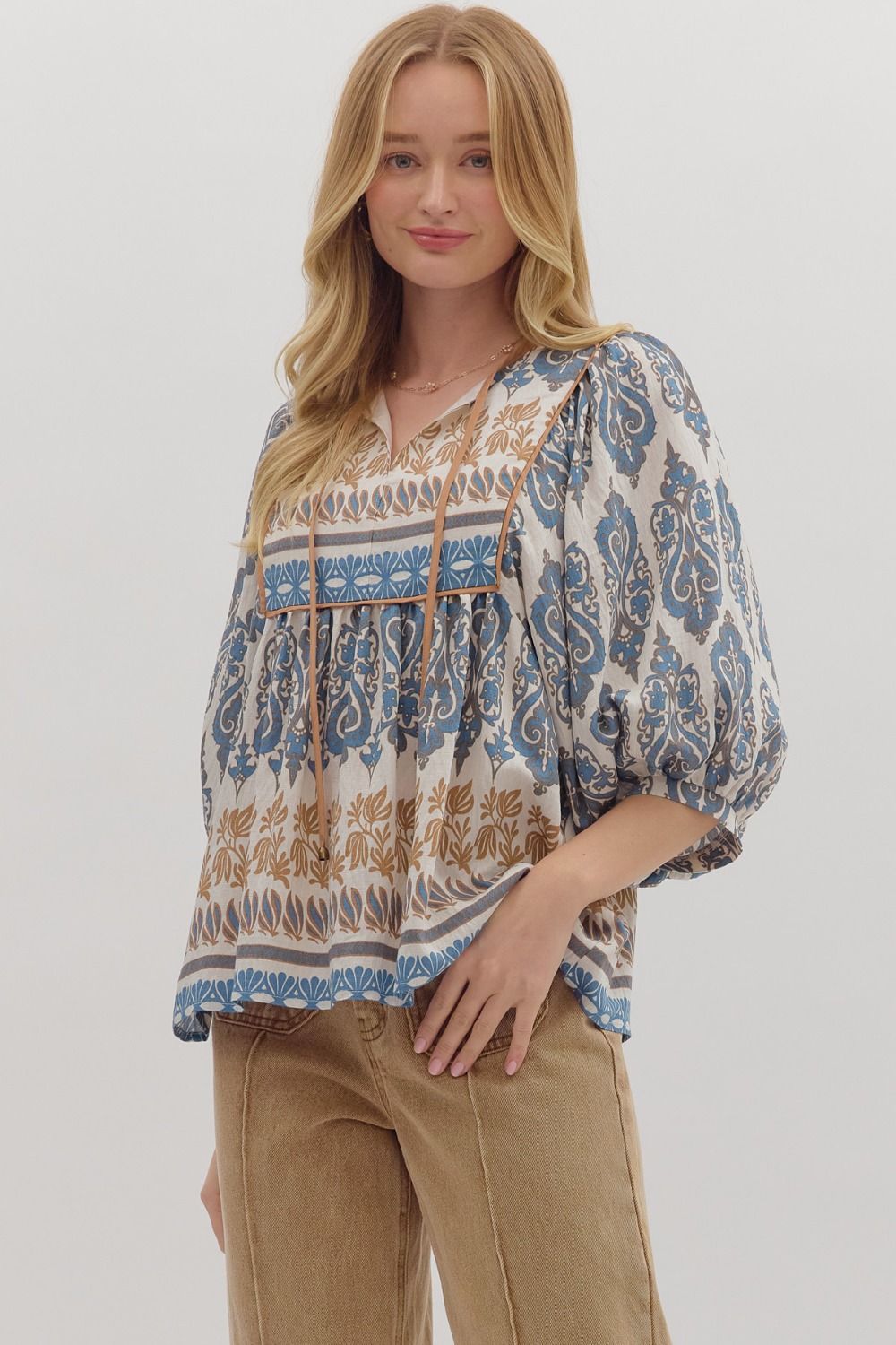 Self-Tie Detail 3/4 Sleeve Top