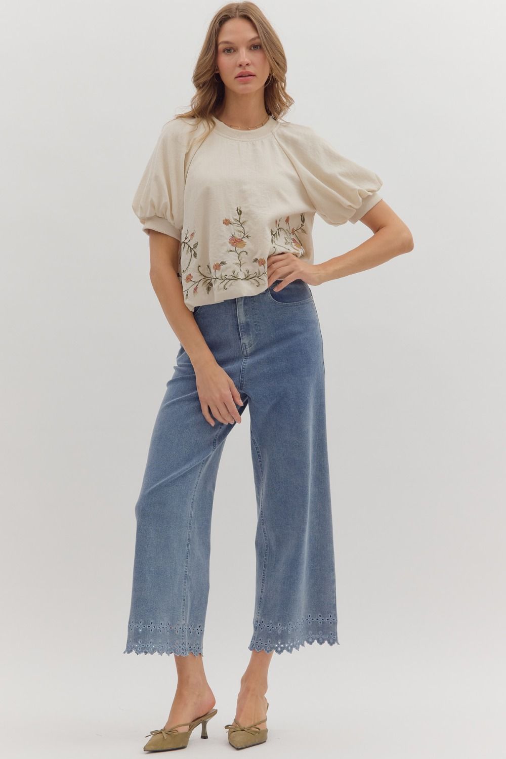 Embroidered Hem Top in Ecru