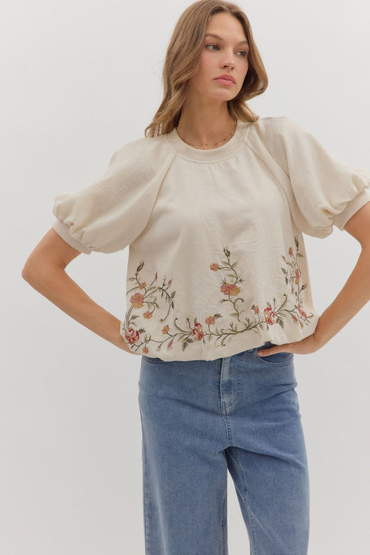 Embroidered Hem Top in Ecru
