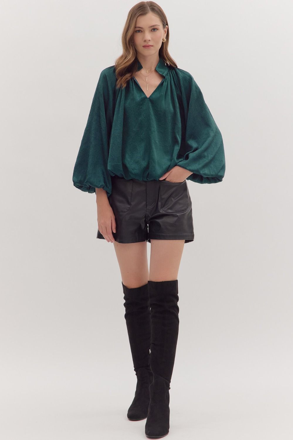 Balloon Sleeve Top in Hunter Green