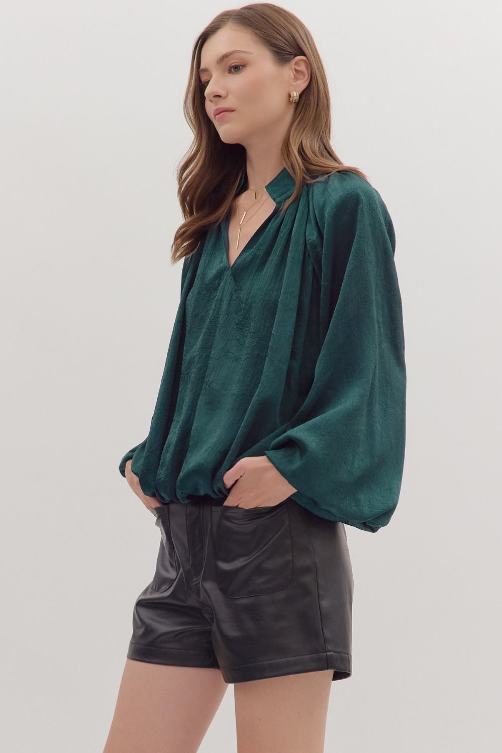 Balloon Sleeve Top in Hunter Green