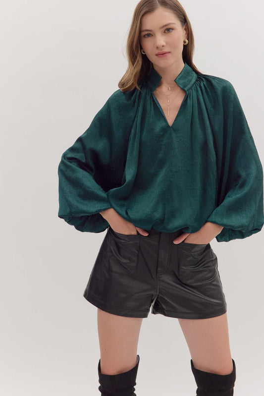 Balloon Sleeve Top in Hunter Green