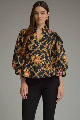 Floral Print 3/4 Puff Sleeve Top in Black