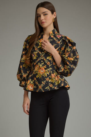 Floral Print 3/4 Puff Sleeve Top in Black
