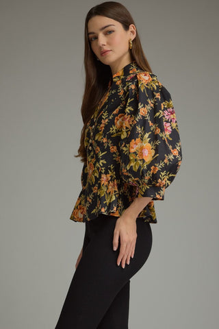 Floral Print 3/4 Puff Sleeve Top in Black