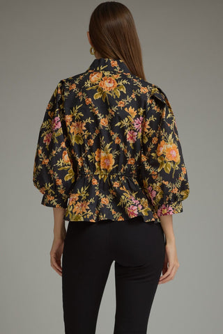 Floral Print 3/4 Puff Sleeve Top in Black