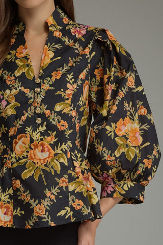 Floral Print 3/4 Puff Sleeve Top in Black