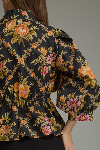 Floral Print 3/4 Puff Sleeve Top in Black