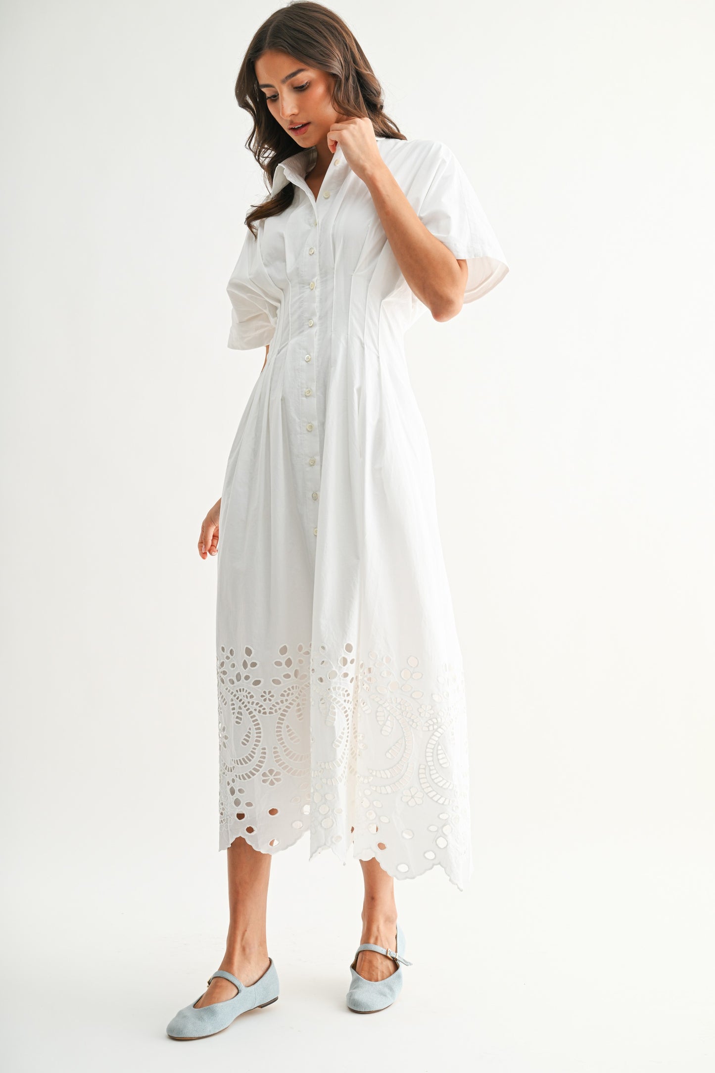 Embroidered White Eyelet Midi Dress