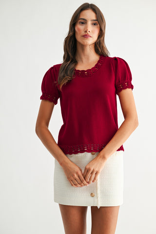 Crimson Scallop Trim Puff Sleeve Sweater