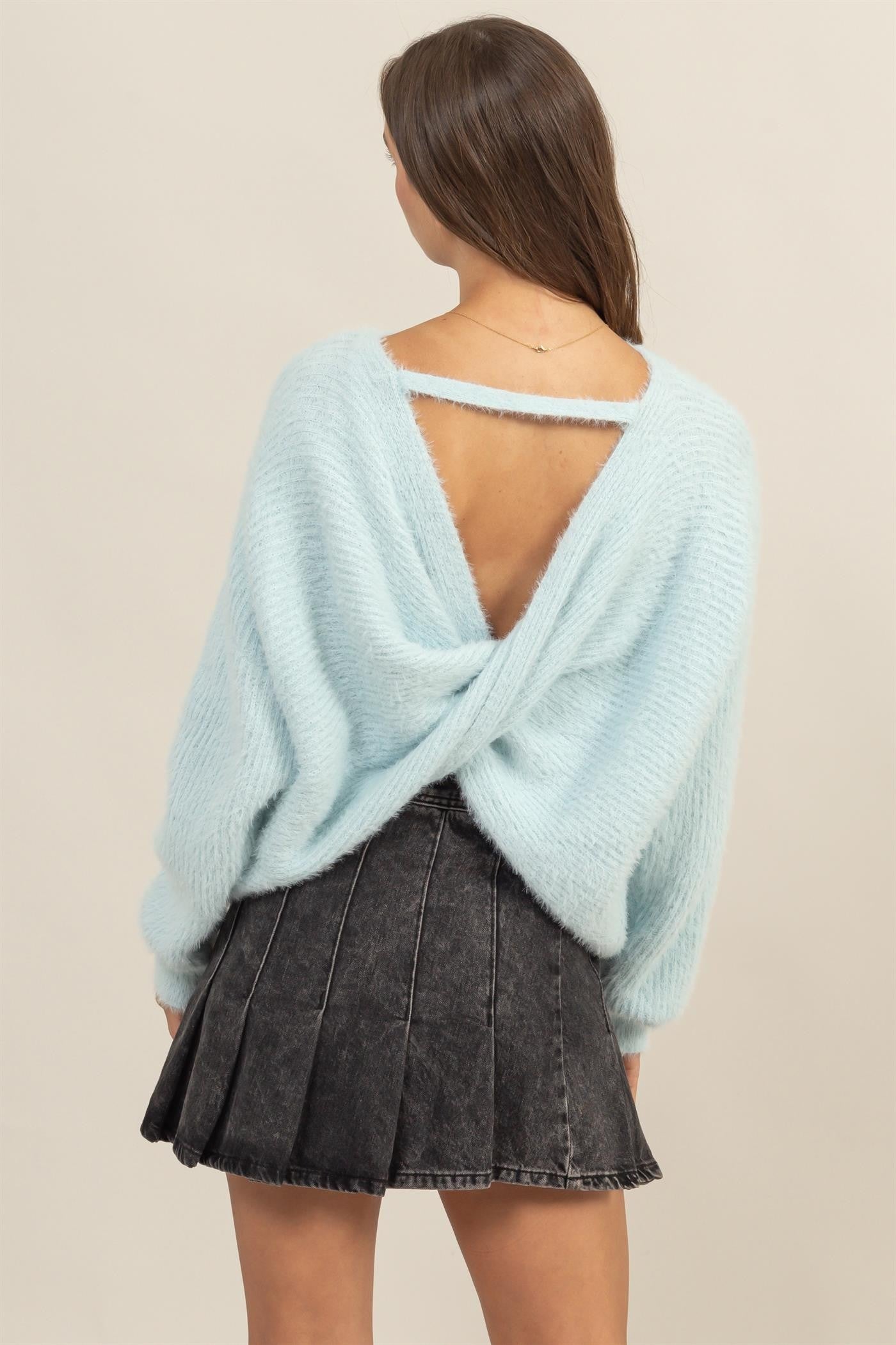 Romantic Open Back Sweater in Light Blue