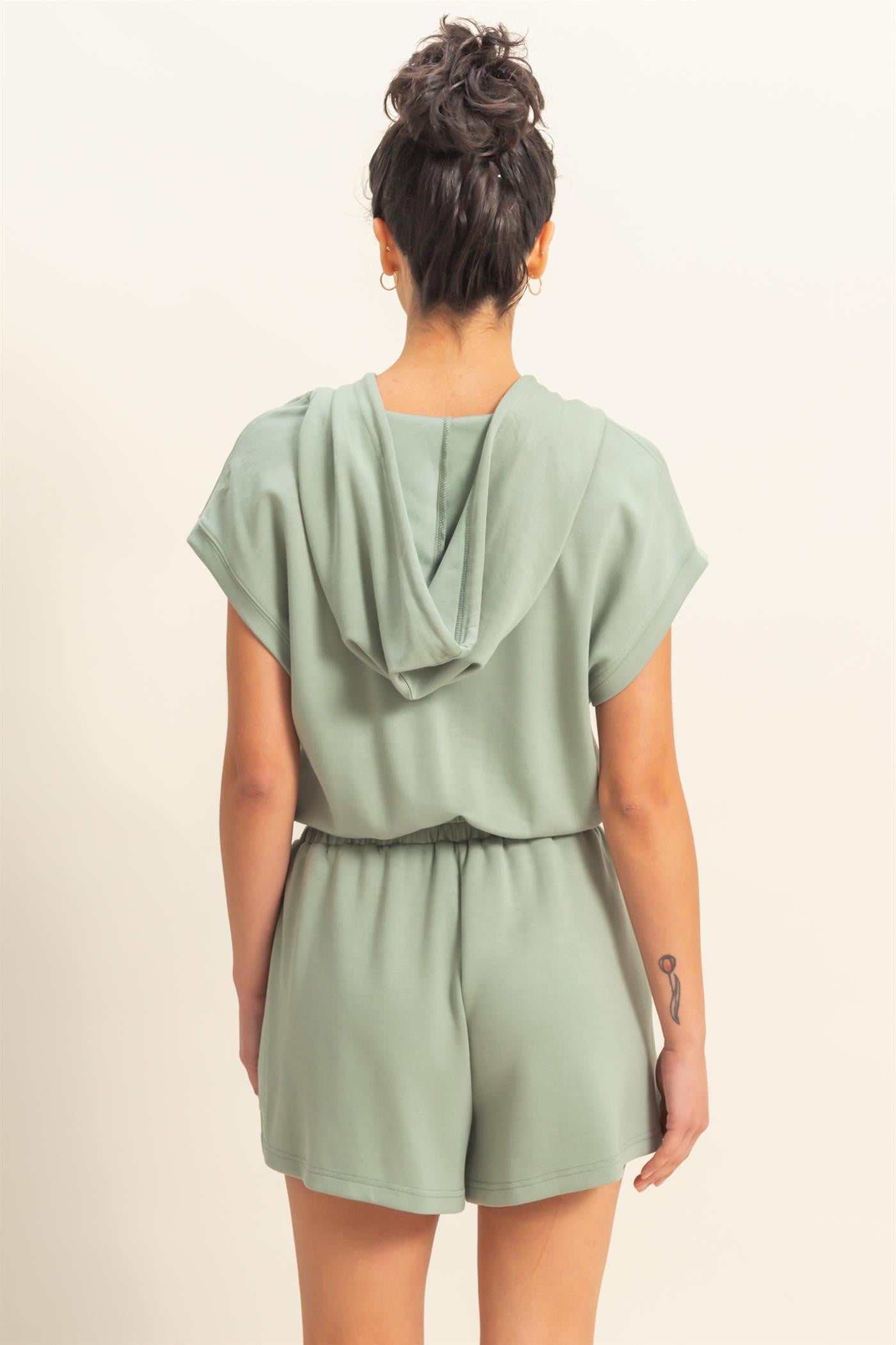 Sage Green Half Zip Shorts Romper