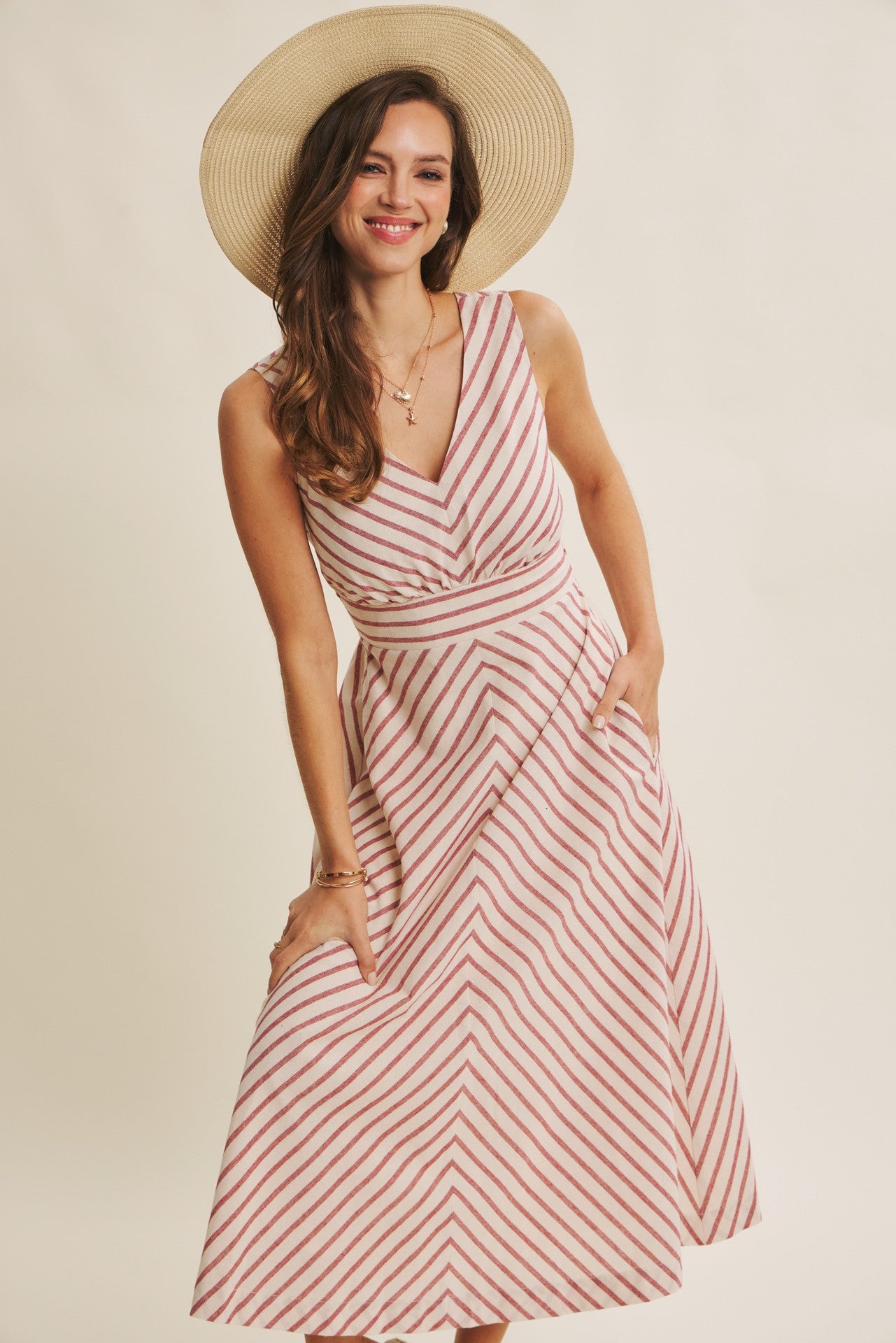 Fit and Flare Stripe Midi Dress in Red