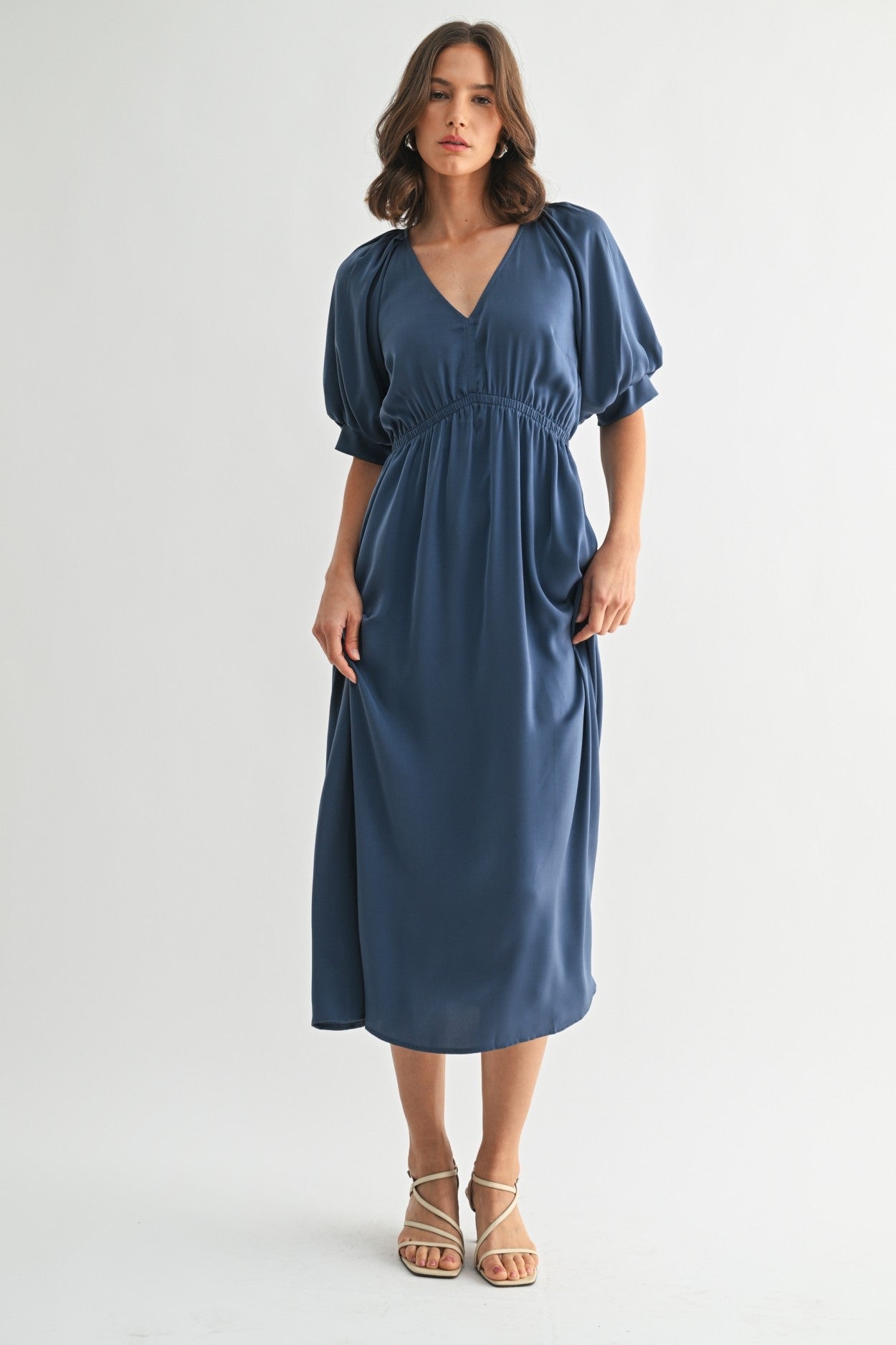 Satin Balloon Dress in Dusty Blue