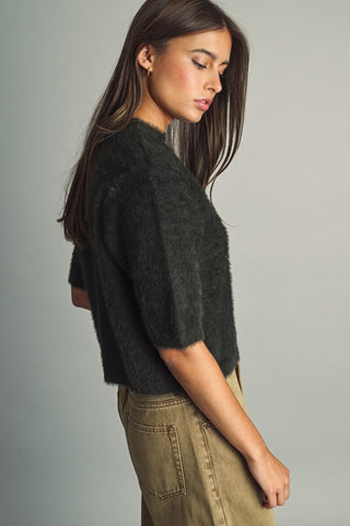 MIOU MUSE Cropped Eyelash Faux-Fur Sweater in Green