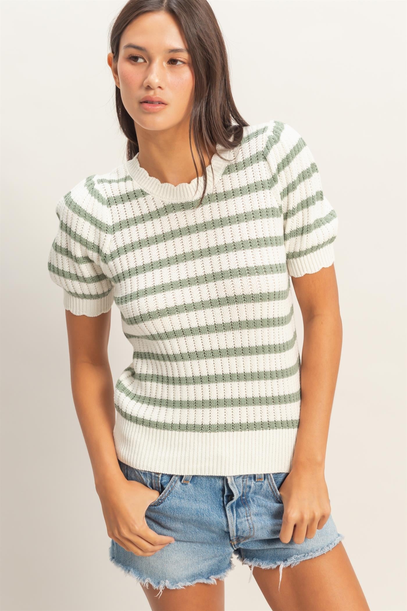 Striped Scallop Edge Puff Sleeve Knit Top