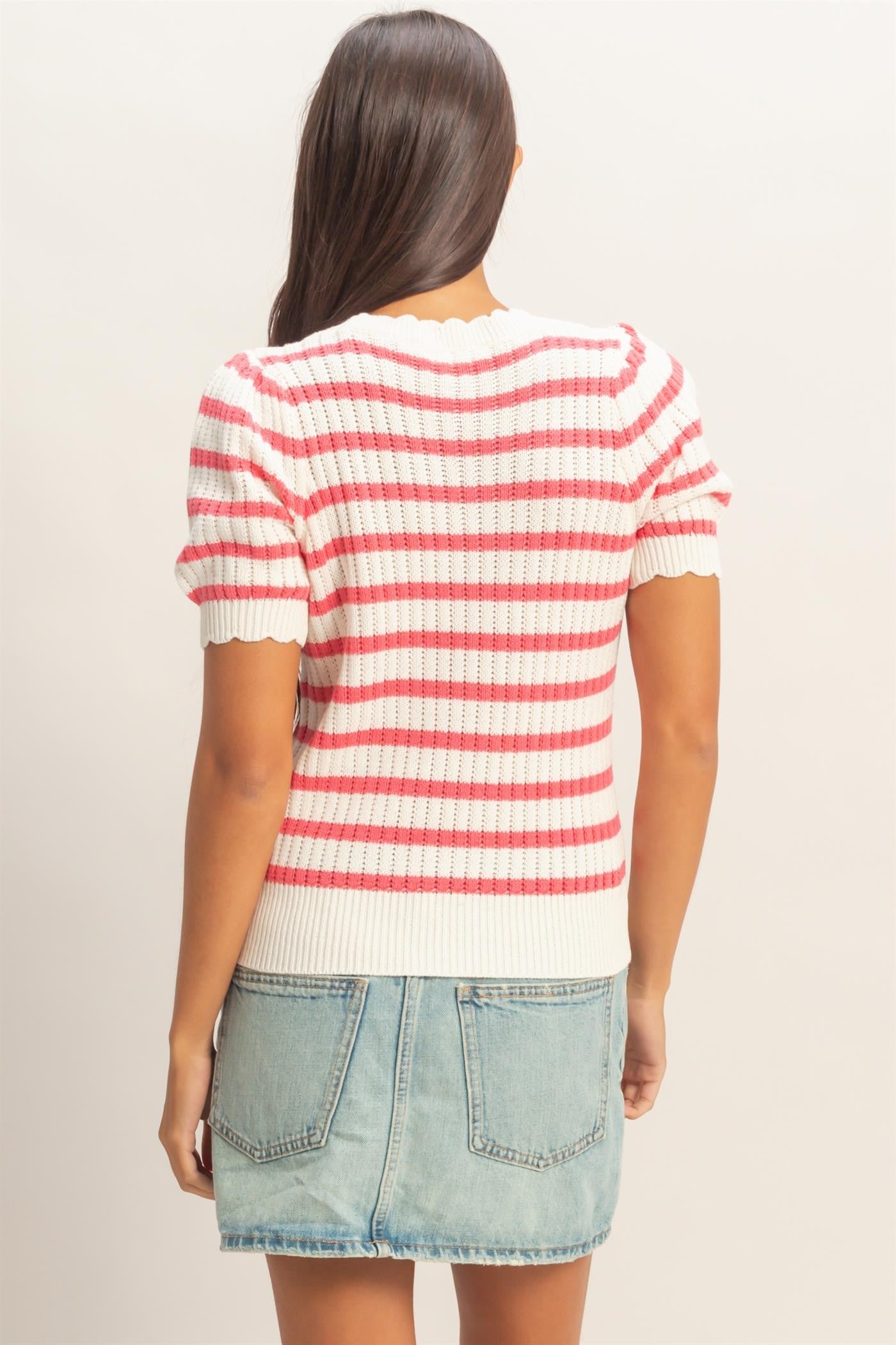 Striped Scallop Edge Puff Sleeve Knit Top