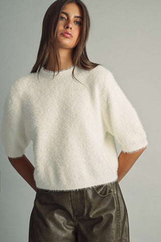 MIOU MUSE Cropped Eyelash Faux-Fur Sweater in Cream