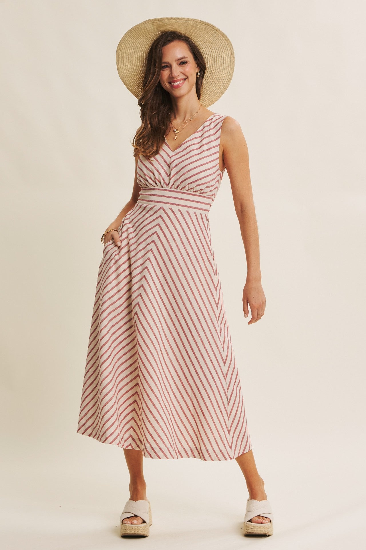 Fit and Flare Stripe Midi Dress in Red