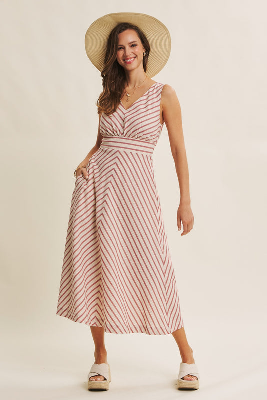 Fit And Flare Stripe Midi Dress in Red