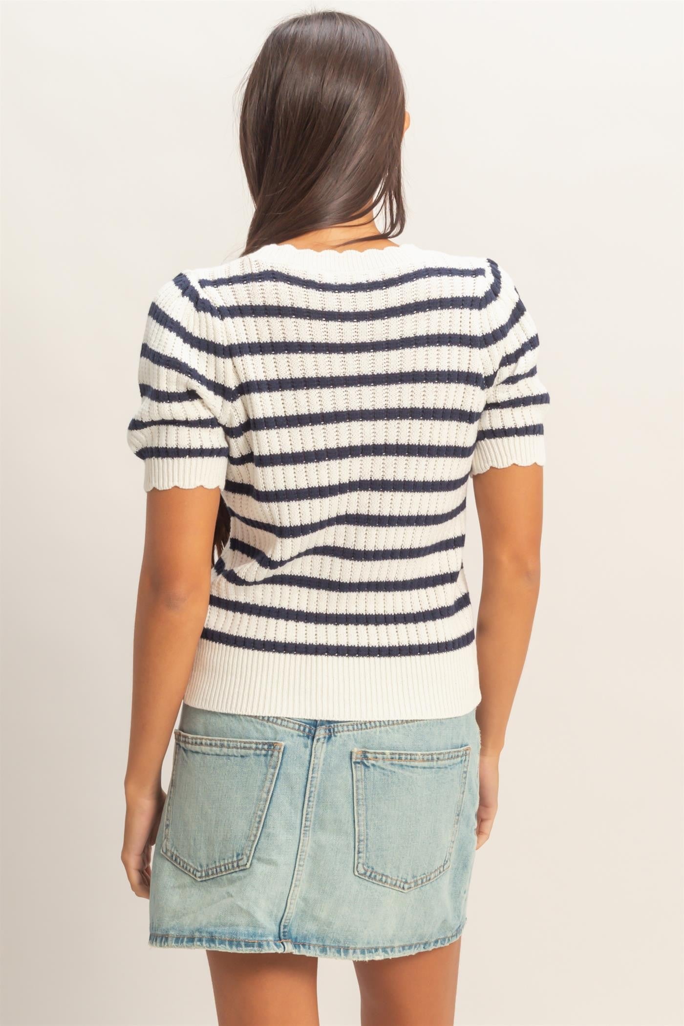 Striped Scallop Edge Puff Sleeve Knit Top