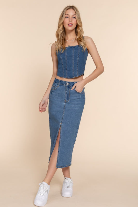 Midi Denim Skirt with Middle Slit