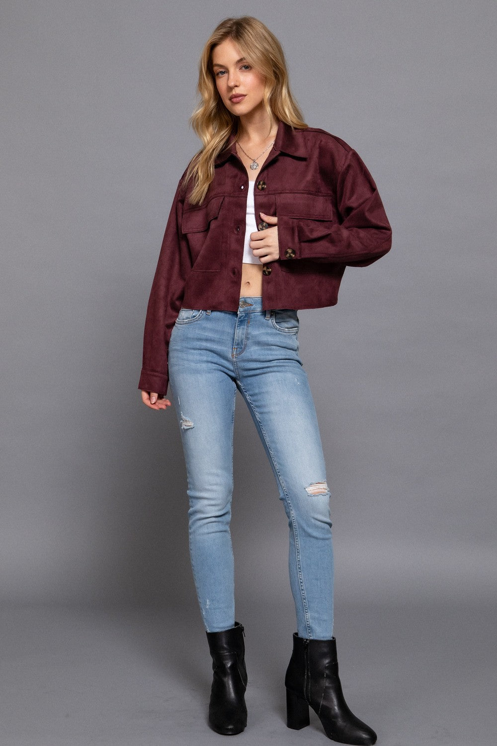 Faux Suede Cropped Jacket in Cherry Coke