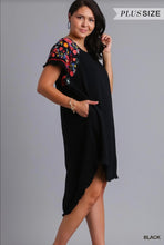 Curvy Embroidered Linen Blend Dress in Black