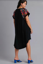 Curvy Embroidered Linen Blend Dress in Black