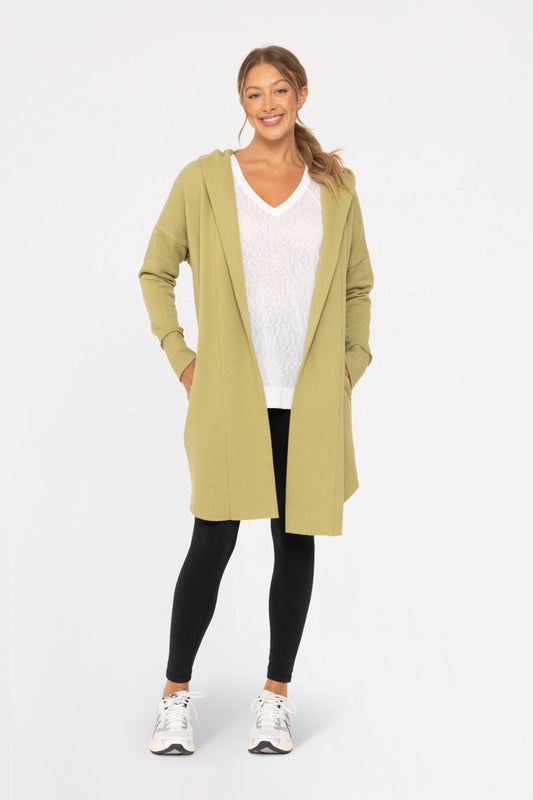 The Zander Longline Hoodie Cardigan in Cactus Green