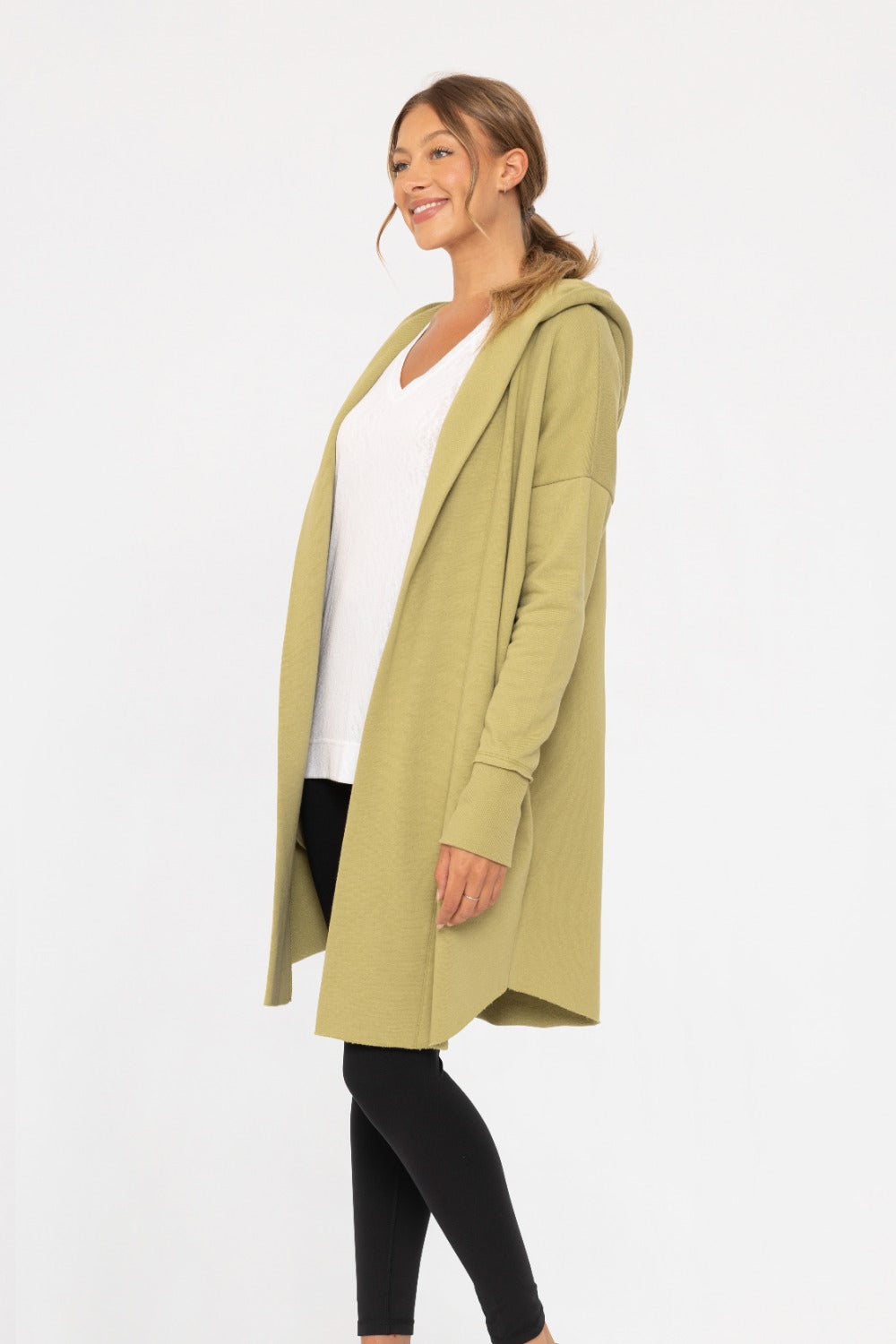 The Zander Longline Hoodie Cardigan in Cactus Green