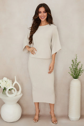 MILIO MILANO Crew Neck Batwing Sleeve Knit Top in Beige
