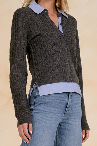 Charcoal Blue Sweater Cardigan Collar