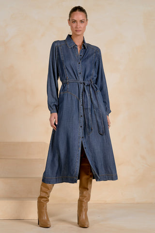 Navy Wash Denim Button-Down Midi Dress | Elan
