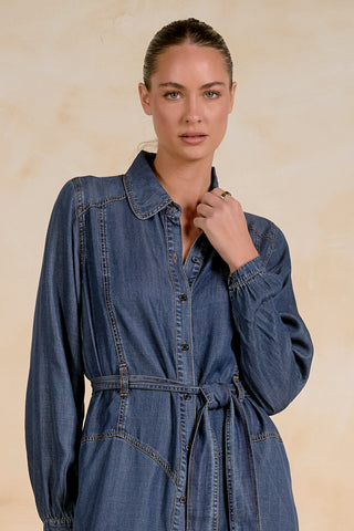 Navy Wash Denim Button-Down Midi Dress | Elan
