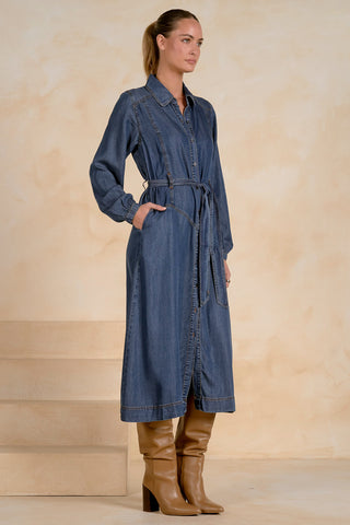 Navy Wash Denim Button-Down Midi Dress | Elan